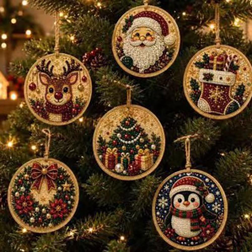 6pcs Pearl Diamond Painting Ornaments DIY Craft Wooden Tag Pendants Navidad Decor