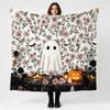 1 Floral Pattern, Cute Cartoon with Floral Background, Skeleton Blanket, Grim Reaper Decor, Goth Blanket, Throw Blanket, Spooky Home Decoration