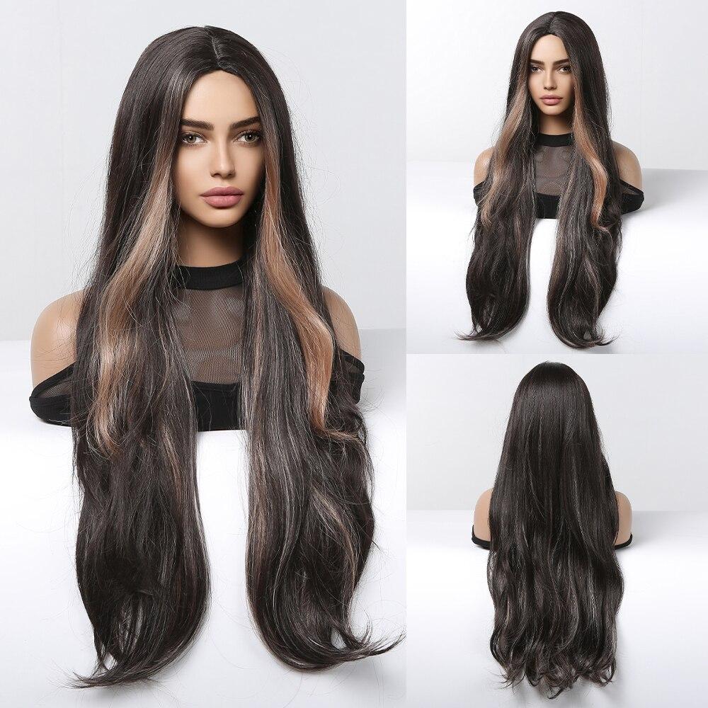 ALAN EATON Long Black Wavy Synthetic Wigs for Black Women Long Natural Wigs With Bangs Heat Resistant Daily Cosplay Fake Hair Wig