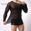 Men Mesh Top Ultra Thin See-through O Neck Long Sleeves Solid Color Stretchy Slim Fit Party Homewear Dance Performance T-shirt