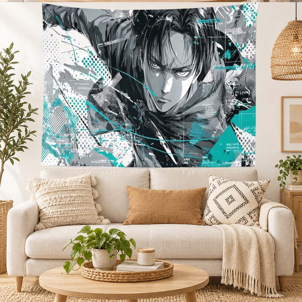 Anime Attack on Titan Tapestry Wall Hanging Levi Ackerman Ink Splash Art Wall Cloth Bedroom Dorm Living Room Background Decor
