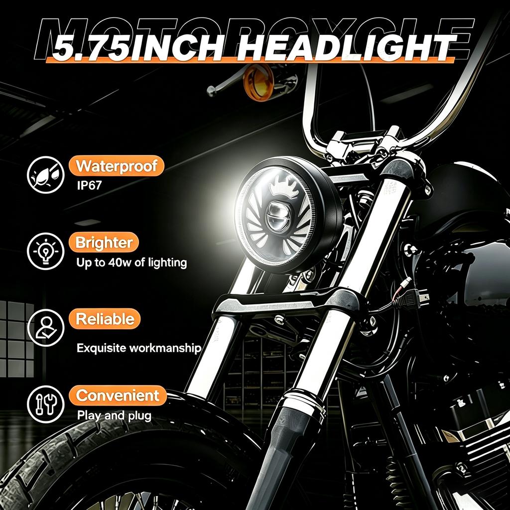 1PCS 5.75" Round LED Vintage Motorcycle & E-Bike Front Headlight, White Hi/Lo Beam Projector, White/Amber DRL Driving Lamp, High Brightness 12V-36V