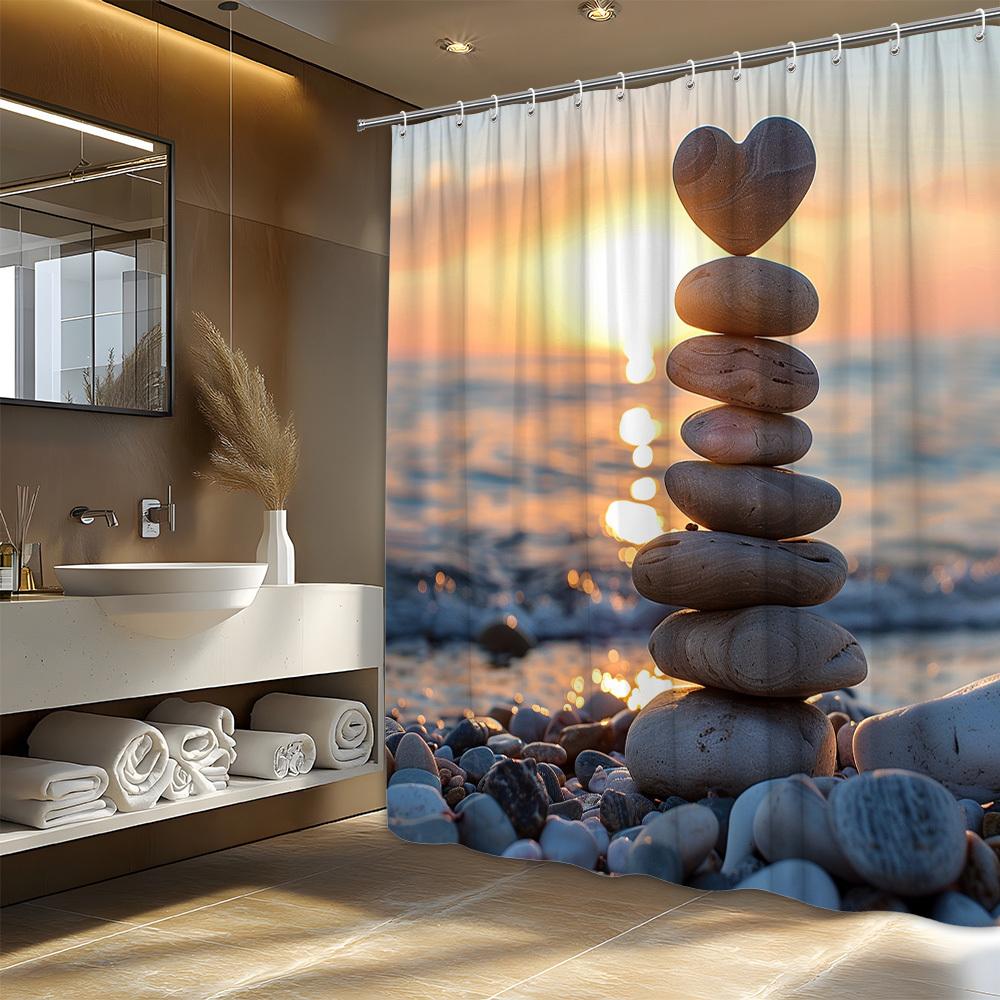 Coastal Ocean Sunset Beach Stone Stack Shower Curtain Waterproof Bathroom Decor Tropical Spa Shower Curtain Print