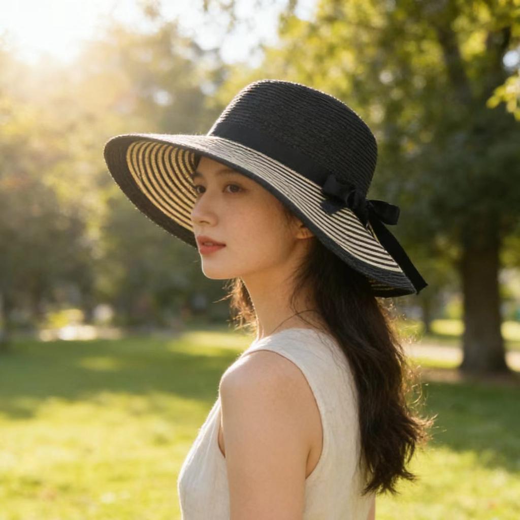 Seaside vacation straw hat, new women's large-brim sun-protection hat, foldable bow beach hat, UV protection hat