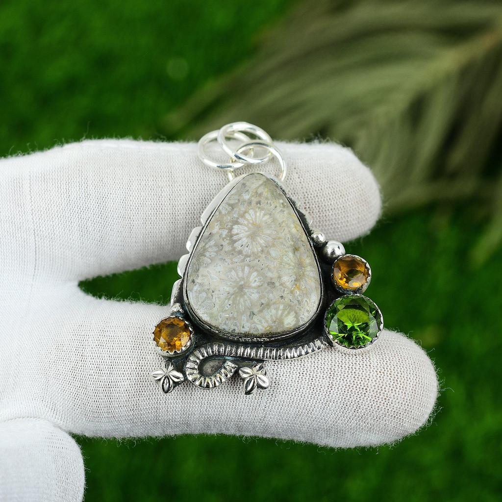 Womens day Deal Pear Natural Fossil Coral Citrine 925 Sterling Silver Pendant