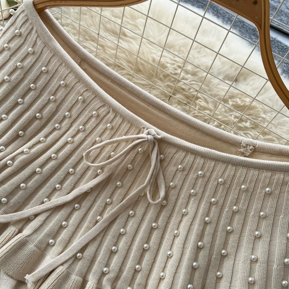 Autumn Winter Women Elegant Slash Neck Off Shoulder Beading Knitted Sweater Long Midi Christmas Party Dresses