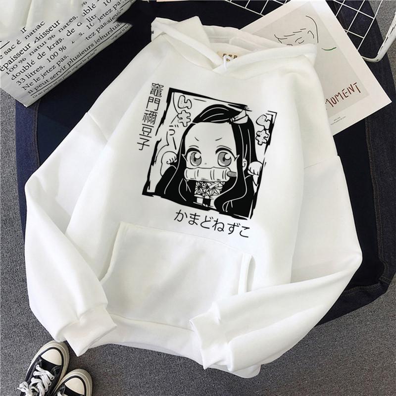 Japan Kawaii Kamado Nezuko Demon Slayer Anime Hoodie Aesthetics White Clothes Harajuku Oversized Long Sleeve Hooded Sweatshirts