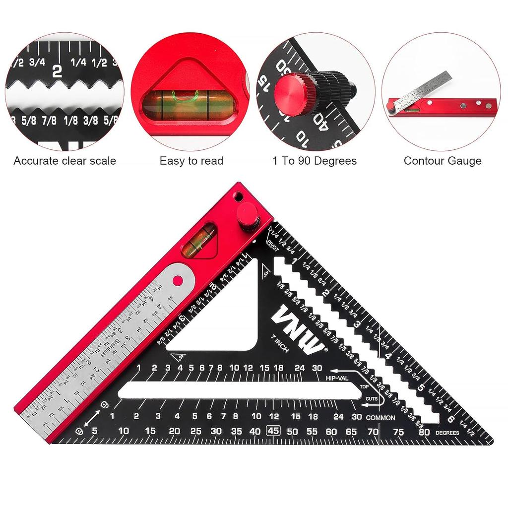 Угольник плотника 6-в-1, 7 дюймов (1/8" Точность) Стропильный угольник Многоцелевые плотницкие инструменты:Угольник,Транспортир, Стальная линейка с точностью до 1/16", Разметка