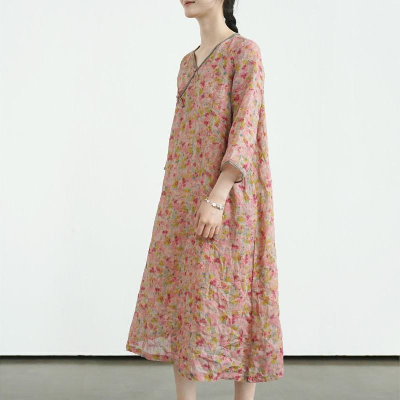 Johnature Женское винтажное платье с V-образным вырезом, принтом, цветочным узором и пуговицами, летнее платье в китайском стиле