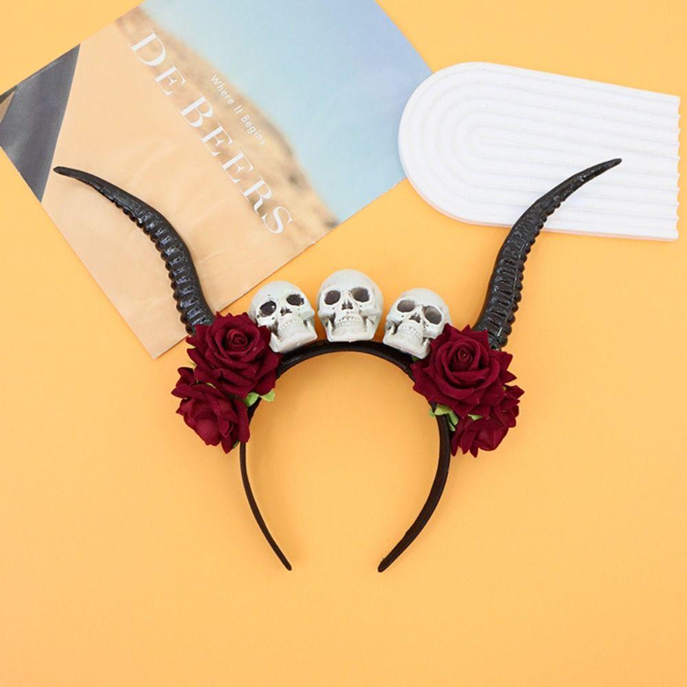 Skull Ox Horns Headband Gothic Style Red Rose Headband Hairbands Sheep Horn Hairband Costume Party