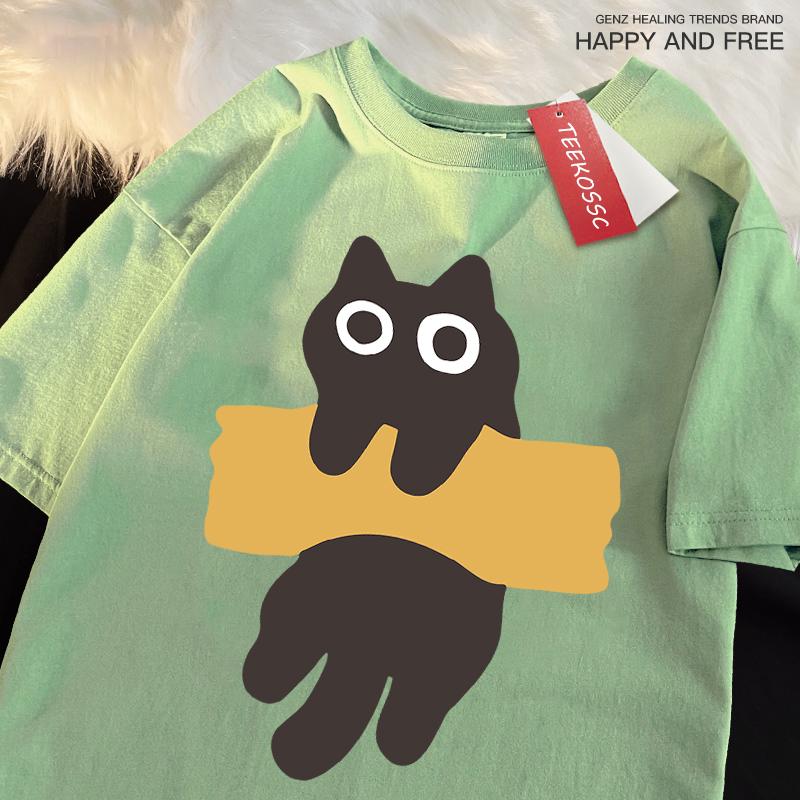 Забавная клейкая лента с принтом кошки в японском стиле, мужские и женские хлопковые футболки оверсайз с коротким рукавом и круглым вырезом, новые топы и футболки