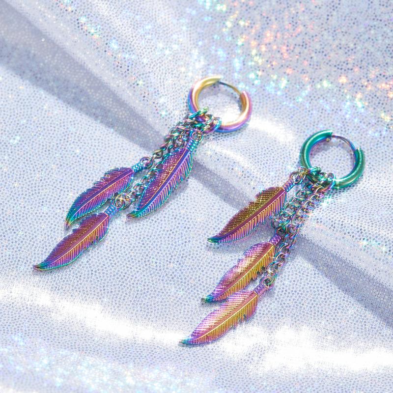 Punk Hip-hop Trend Creative Stainless Steel Colored Feather Pendant Earrings Ladies Men Fashion Party Zircon Gift Accessories
