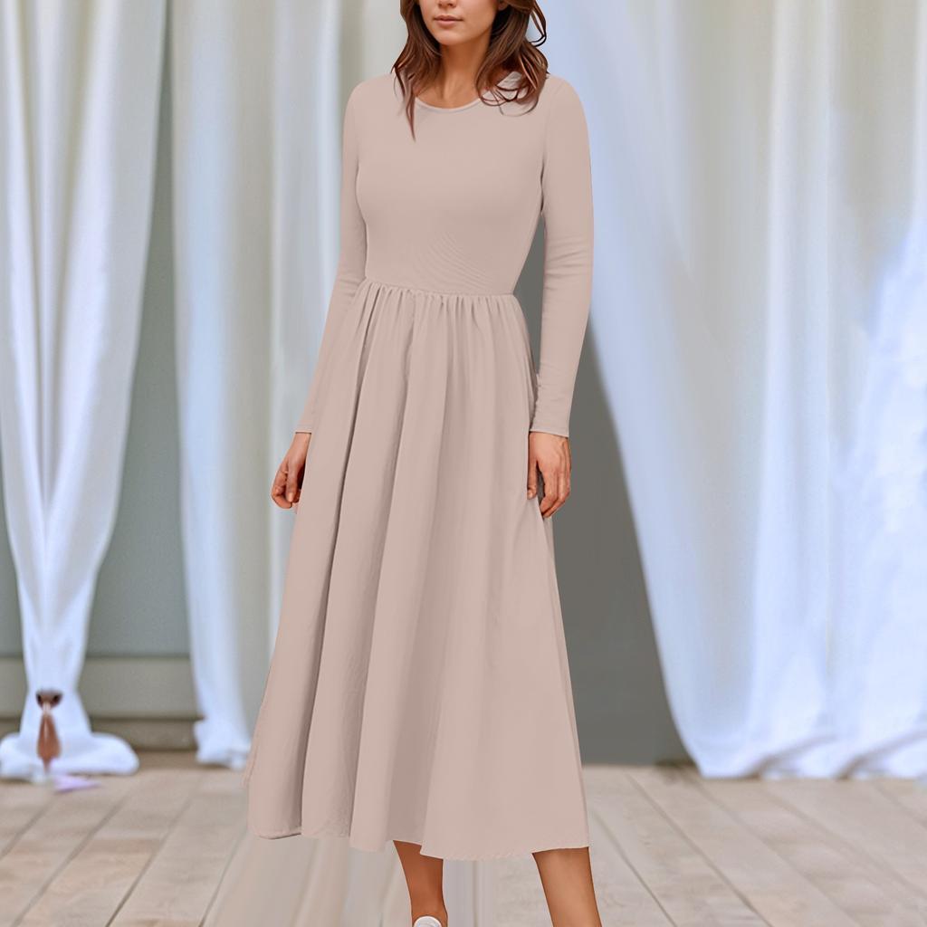 Women's Solid Color Midi Boho Dress Casual Long Sleeve Flowy Smocked Dresses With Pocket Summer And Spring