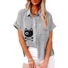 Большие размеры Женская модная блузка с принтом кота Лето и осень Свободная рубашка с коротким рукавом на пуговицах Женская повседневная льняная футболка