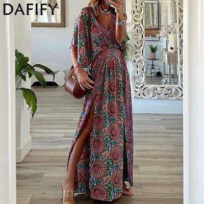 Женская мода в богемном стиле, весна-осень, цветочный узор, принт, короткий рукав, v-образный вырез, высокая талия, повседневные платья