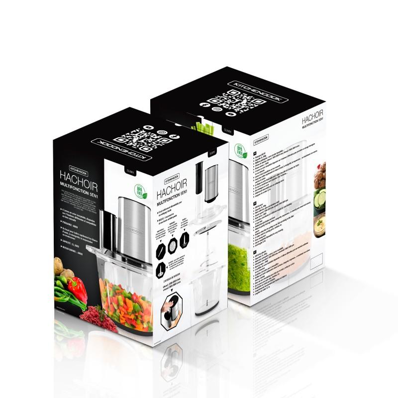 KitchenCook Многофункциональный измельчитель из нержавеющей стали 5 в 1 - 600 Вт - Вместимость (3л) - 4 Лезвия - Венчик - Лопатка - Стеклянная Миска для Смешивания