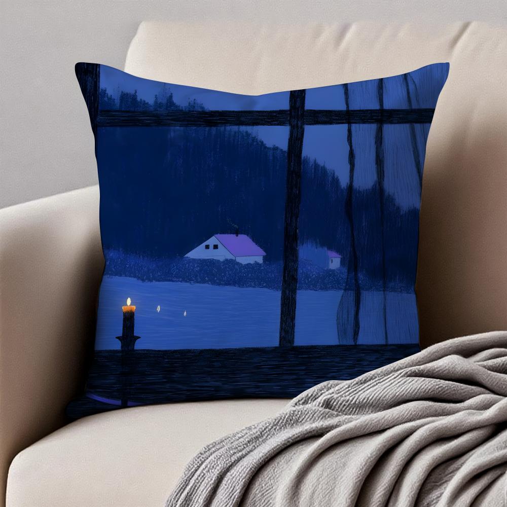 BBlues Hour Art Cushion Cover Pillowcase Antidustmite Invisible Zipper Short Plush Sofa Cushion