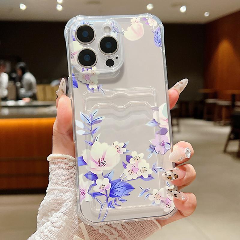 Ударопрочный прозрачный чехол с карманом для карт и цветочным узором для iPhone 16 15 Pro 14 13 Pro Max 12 11 Мягкий силиконовый тонкий защитный чехол для объектива от падения