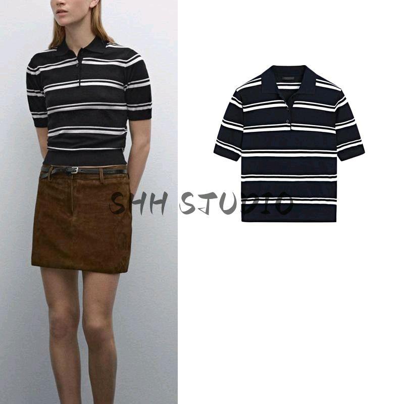 MD Women's Spring Clothing American Preppy Style Sea Blue Stripes Slim Fit Short-Sleeved Knitting Polo Shirt 5664684