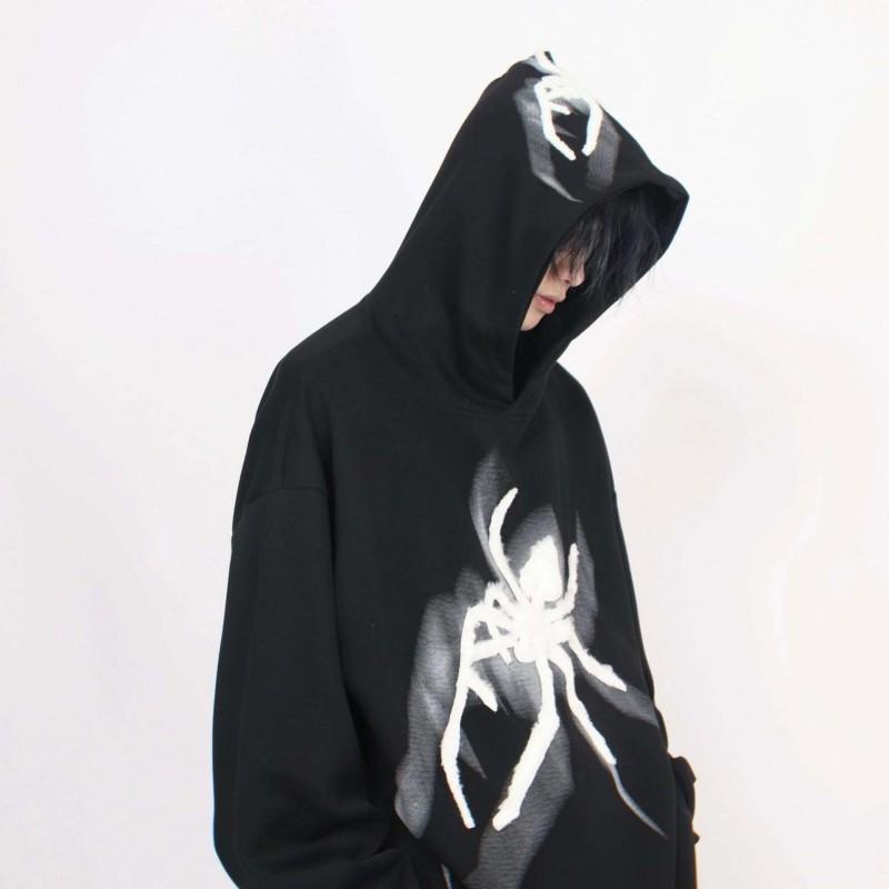 Spider Print Hooded Sweatshirt Women Streetwear Loose Fit With Button Detail Hem Split Hip Hop Style