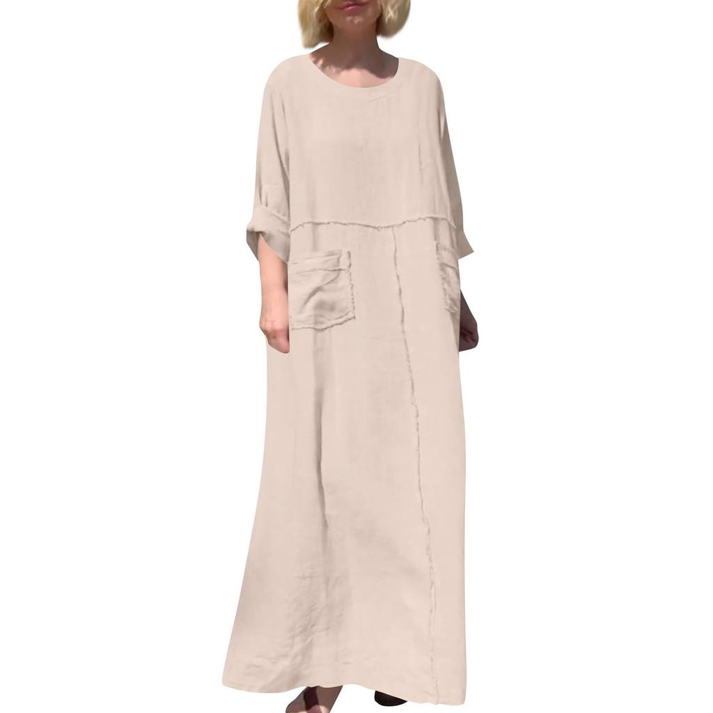 Women's Fashion Solid Color Round Neck Cotton Linen Long Sleeved Casual Pleated Double-sided Pocket Dress