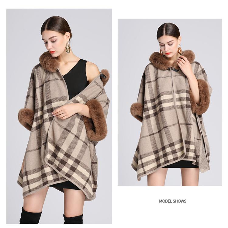 Зимняя женская накидка, шаль с меховым воротником, свободный клетчатый кардиган с капюшоном, большой размер, твидовый жакет с семиточечными рукавами
