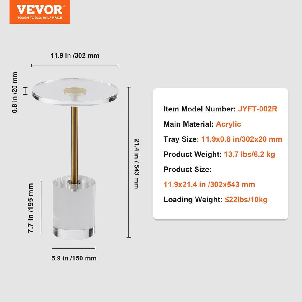 Clear Acrylic End Table, Acrylic Side Table with a Solid Base, 11.9 x 11.9 inch Round Tabletop, 21.4 inch High, for Coffee, Drink, Food, Snack used in