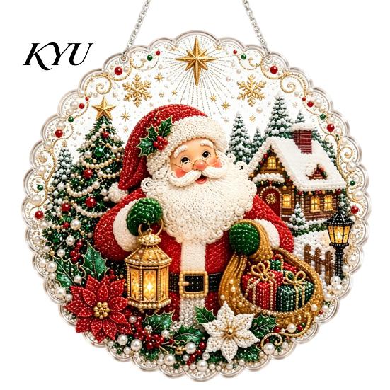 Sparkling Rhinestone Art Christmas Faux Pearl Painting Suncatcher Kit, 3D Nativity/Santa Claus/Bird/Tree Religious Holiday Decorations Beads