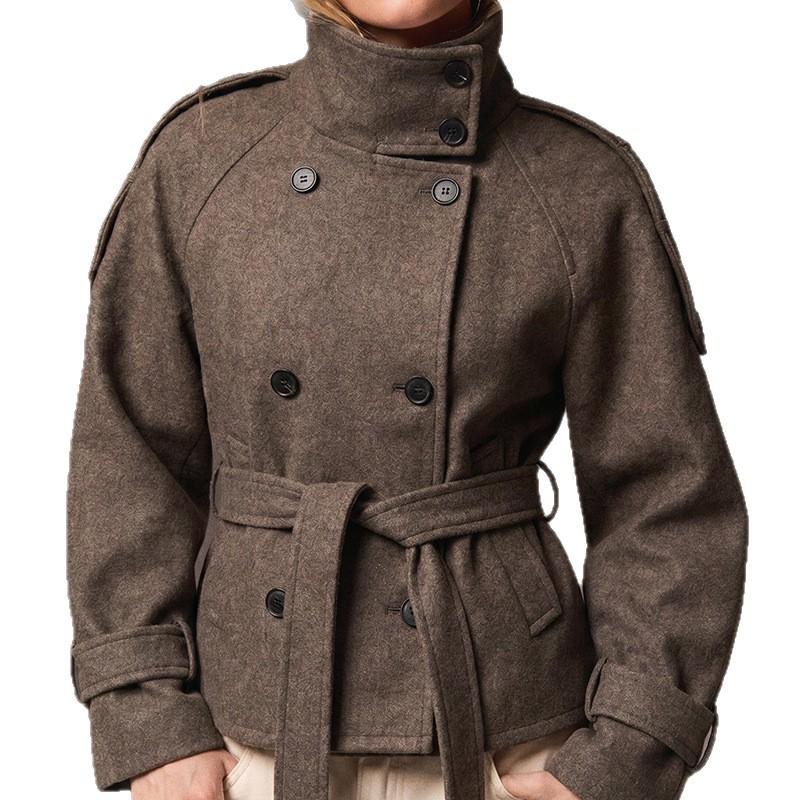 Womens Stand Collar Double Breasted Short Wool Coat With Belt Petite Women