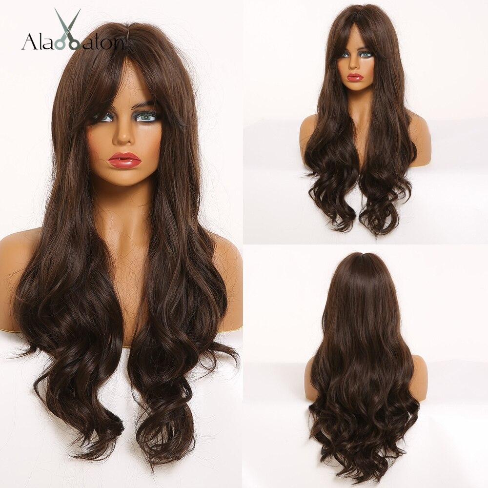 ALAN EATON Ombre Черный Коричневый Блондинка Длинные Волнистые Парики Волос с Челкой Косплей Ежедневные Синтетические Парики для Женщин Термостойкое Волокно