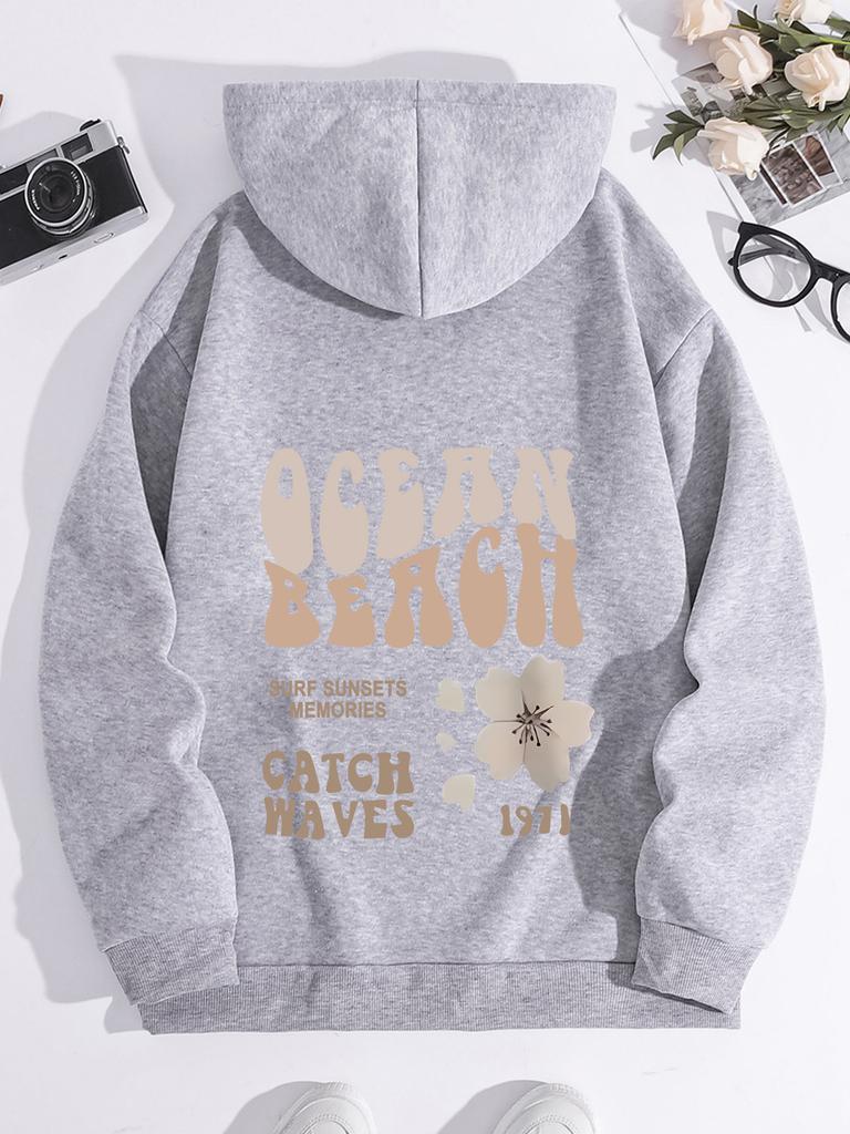 Autumn And Winter Sweater Letter Fashion Printed Shoulder Sleeves Hooded Fleece Sweater Women'S Top