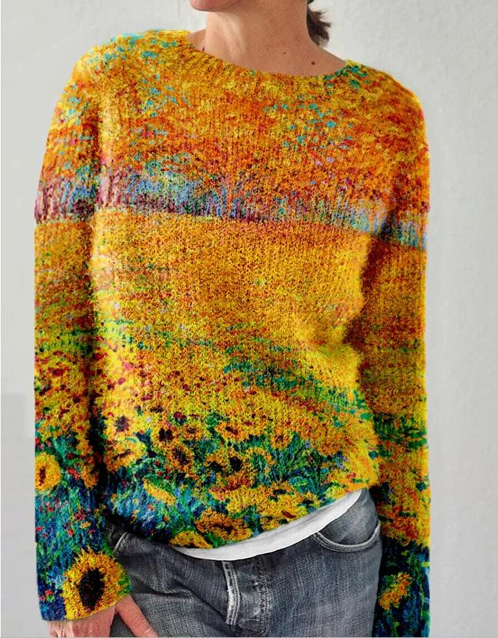 Women's Multicolor Striped Long Sleeve Round Neck Regular Fit Knit Sweater
