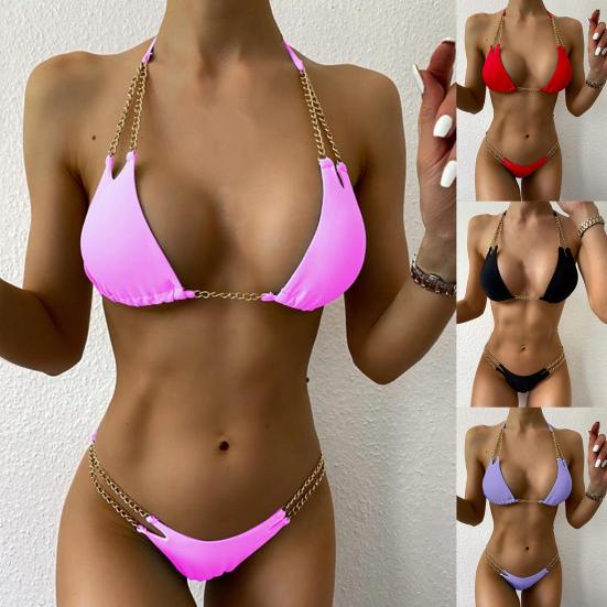 Women Metal Chain Lacing Halter Bra Swimsuit Bikini Triangle Underwear Set for Swimming