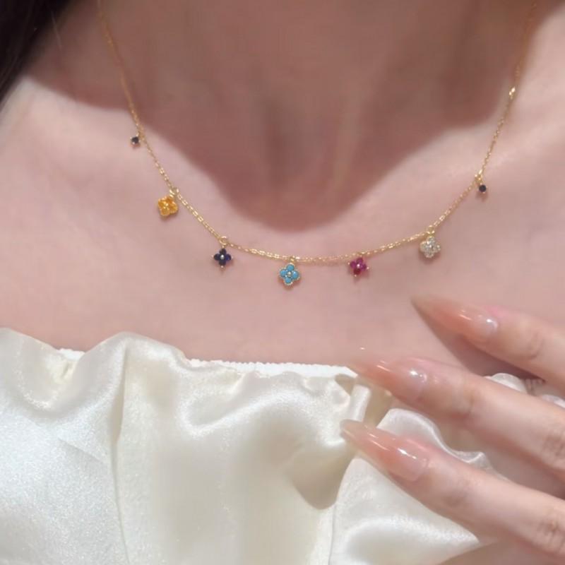 Elegant Four Leaf Clover Necklace Set With Colorful Crystal Accents Layering Chain Adjustable Bracelet Women