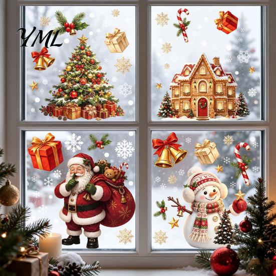Seasonal Window Ornaments Christmas Cling, Santa/Snowman/House/ Tree Patterns Print, Waterproof Snowman Decorations PVC Decorative Static Sticker for