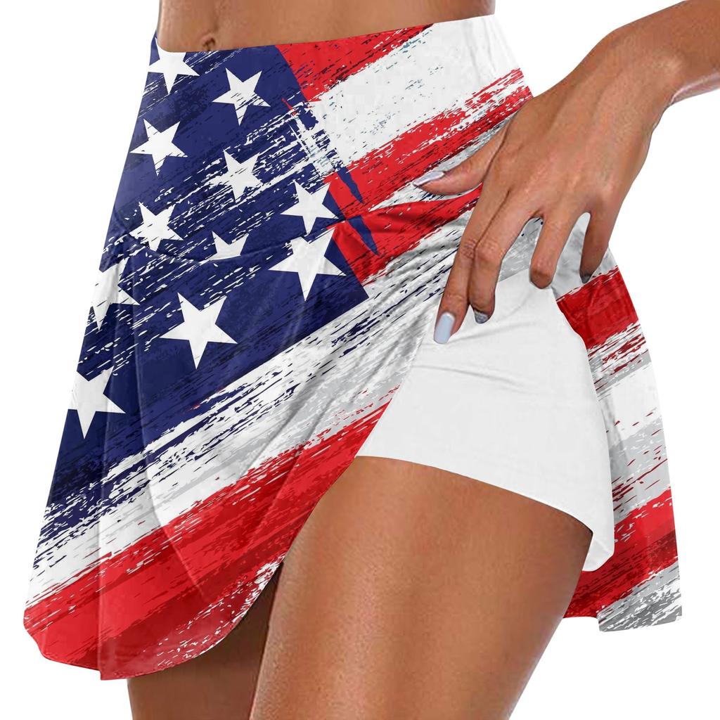 Women's Summer Casual Sports Fitness Running Yoga Tennis Skirt Independence Day Printed Pleated Skirt Shorts