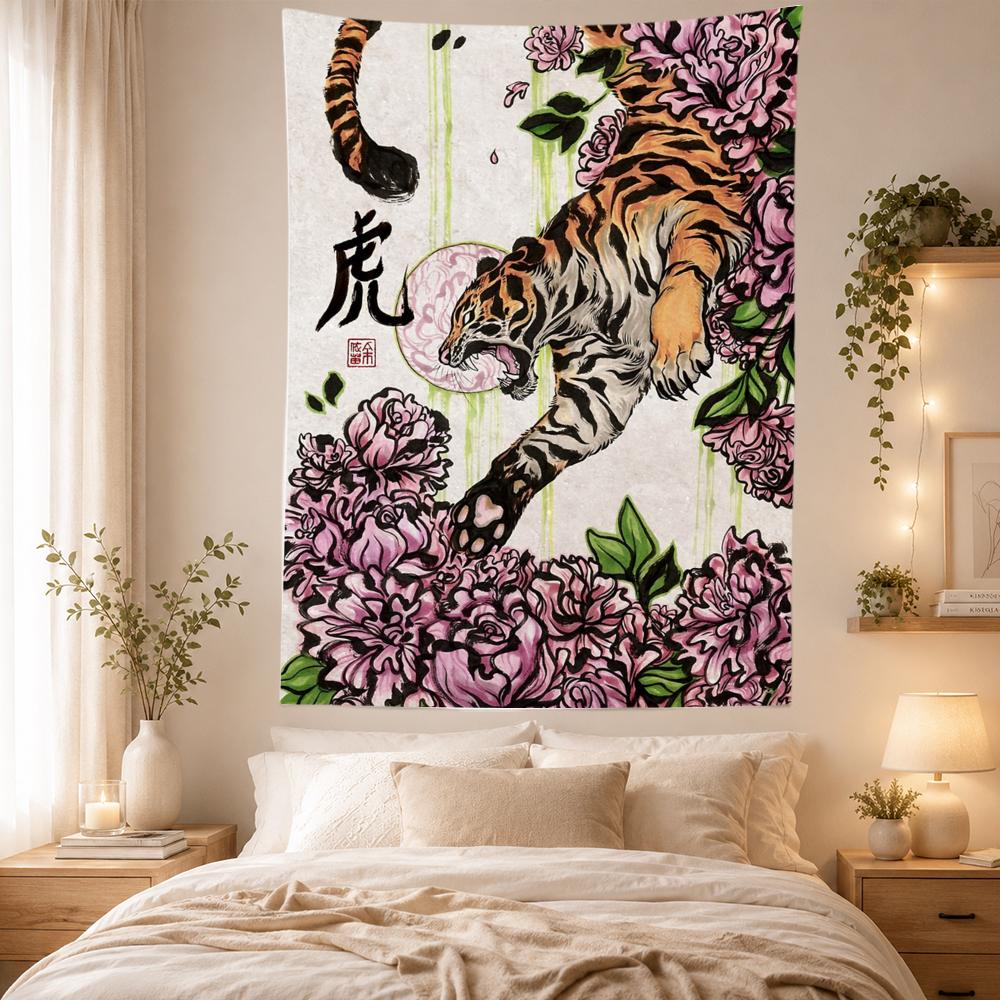 Japanese Tiger Pink Peony Tapestry Wall Hanging Ukiyo-e Vintage Japanese Arts Wall Decor for Bedroom Dorm Living Room Home Gifts