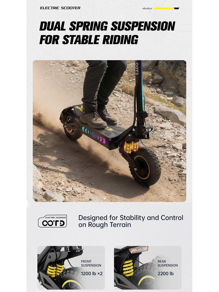 Electric Scooter Foldable OOTD 11" 1300Wx2 Motor Hydraulic Brake 52V 23.4AH Fully Suspended Adult Electric Scooter Max Load 150Kg Black T10 Pro