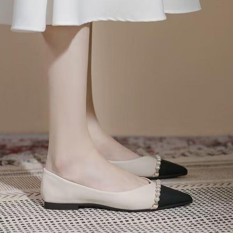 Splicing Color Pearl Pointed Toe Woman Flats Promotion Spring and Autumn Chic Point Comfortable Elegant Slip-on Shoes for Women