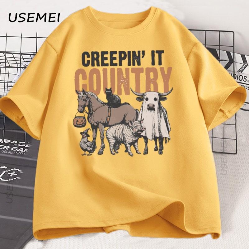 Country Halloween Funny Western Tshirt Graphic Tees Unisex Women Cotton Short Sleeve Tshirt Vintage Farm Animals T Shirt