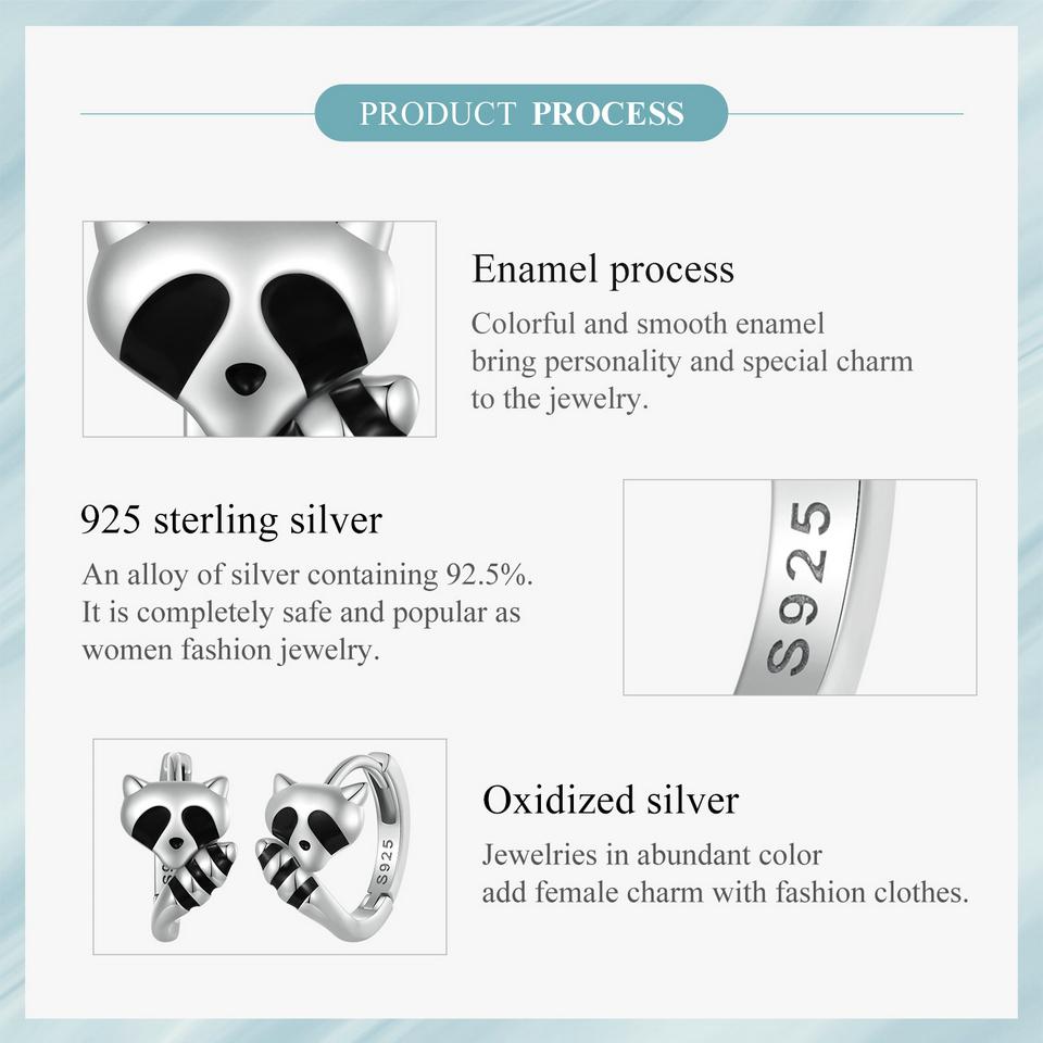 Bisaer Серьги-кольца из стерлингового серебра 925 пробы с живыми ушками енота, черные эмалированные серьги-кольца с животными для женщин, милые ювелирные изделия в подарок