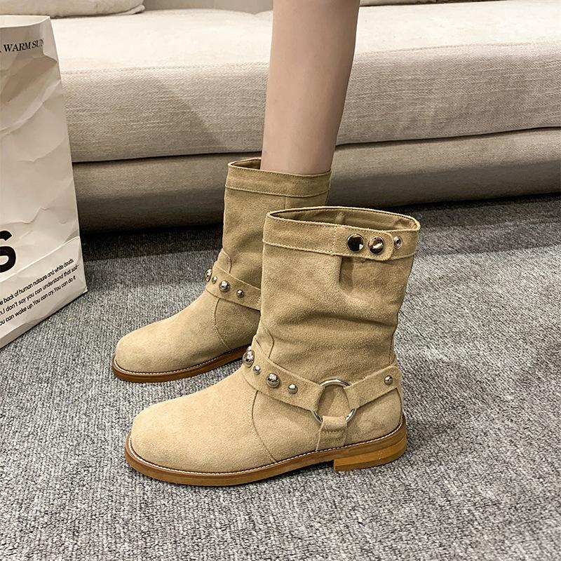 Fashion New Women Suede Leather Ankle Boots Square Low Heels Pointed Toe Western Cowboy Boots Woman Autumn Winter Buckle Short Booties