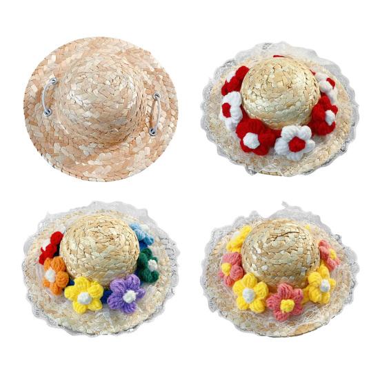 Соломенная шляпа-сомбреро для домашних животных, солнцезащитная шляпа для маленьких собак с цветком, регулируемая кепка-ведро от солнца на Гавайях, летняя пляжная шляпа для маленьких и средних собак и кошек