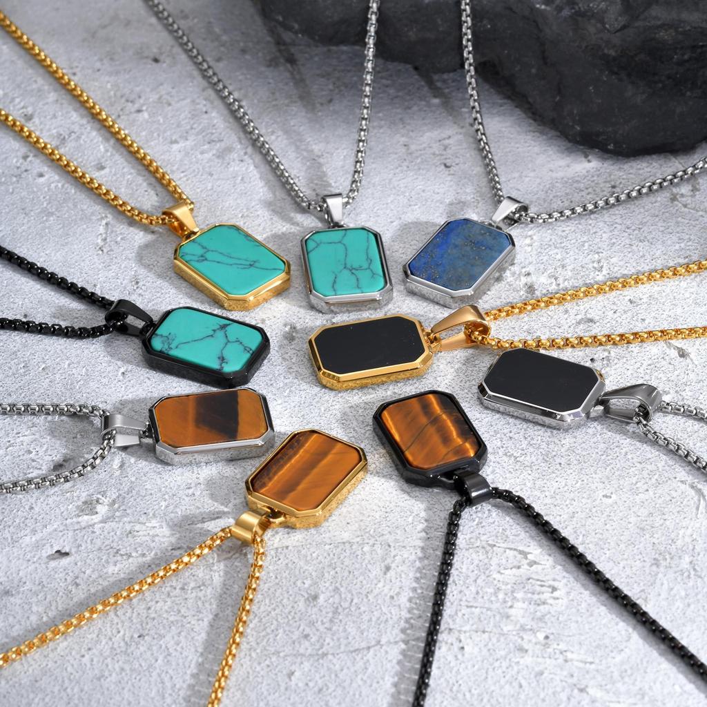 Stainless Steel Geometric Necklace Rectangular Pendant Necklace Stone Neck Jewelry Chain Necklace Suitable for Men