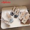 Aphixta Летние шлепанцы Женские 6 см Квадратный каблук Стринги Бусины Уличные Пляжные Прозрачные Массивные каблуки Слайды Обувь