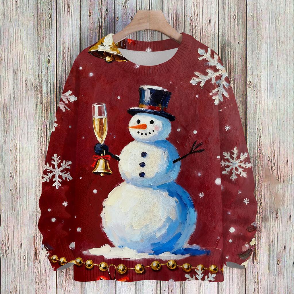 Ladies' Fashionable And Casual Christmas Cute Printed Round Neck Long Sleeved Knitted Yarn