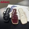 Fashion Fashion Buckle Women Flats Slippers Shoes Female Summer Beach Slides Square Toe Ladies Flats Slippers Sandals Shoes Big Size 43