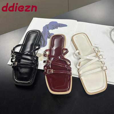 Мода Мода Пряжка Женские Балетки Тапочки Обувь Женская Летние Пляжные Шлепанцы Квадратный Носок Женские Балетки Тапочки Сандалии Обувь Большой Размер 43