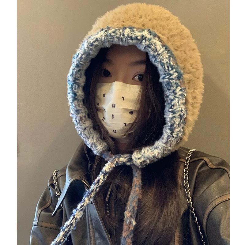 Winter Handmade Fashion Fringed Ball Wool Hat Thickened Thermal Bald Hat Women's Ear Protectors Straps Knitted Hat Tide