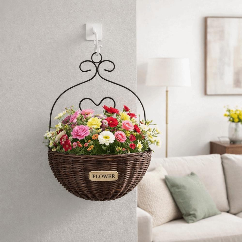 Imitation Rattan Hanging Flower Basket Wear-resistant Handmade Wall Planter Rural Style Wall Mounted Metal Planter Holder